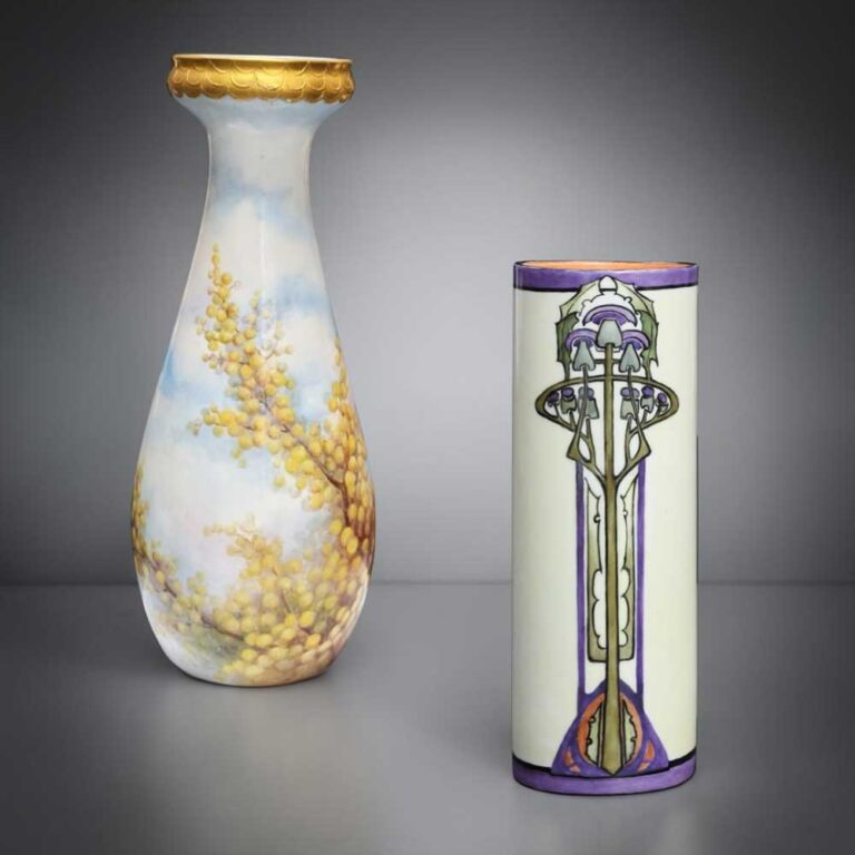 Pair of hand decorated Limoges porcelain vases: Florence Royce vase with gilded rim and overglaze wattle blossom decoration, and Norah Godlee vase with overglaze Scotch thistle decoration in 'Glasgow' style.