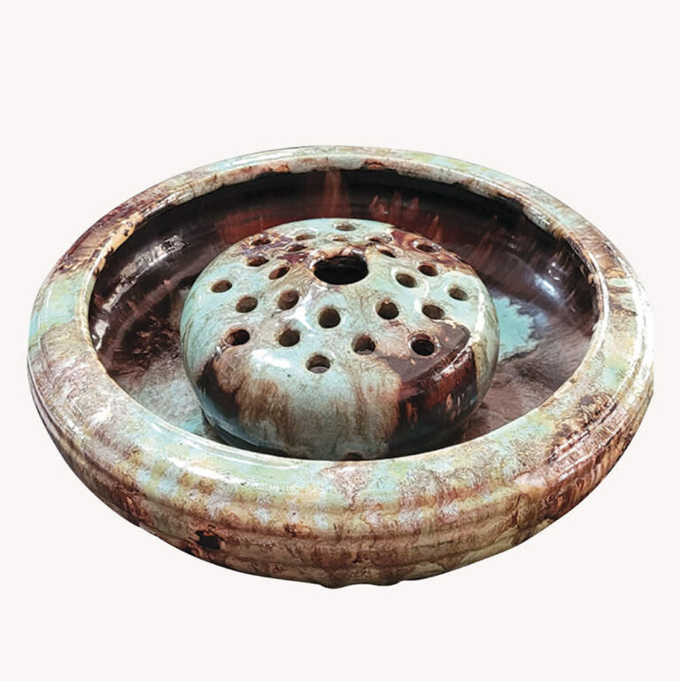 A John Campbell Tasmania float bowl with separate frog and attractive mottled glaze.