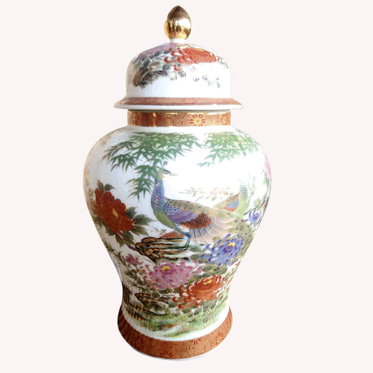 Satsuma lidded jar with gold leaf, stamped and numbered.