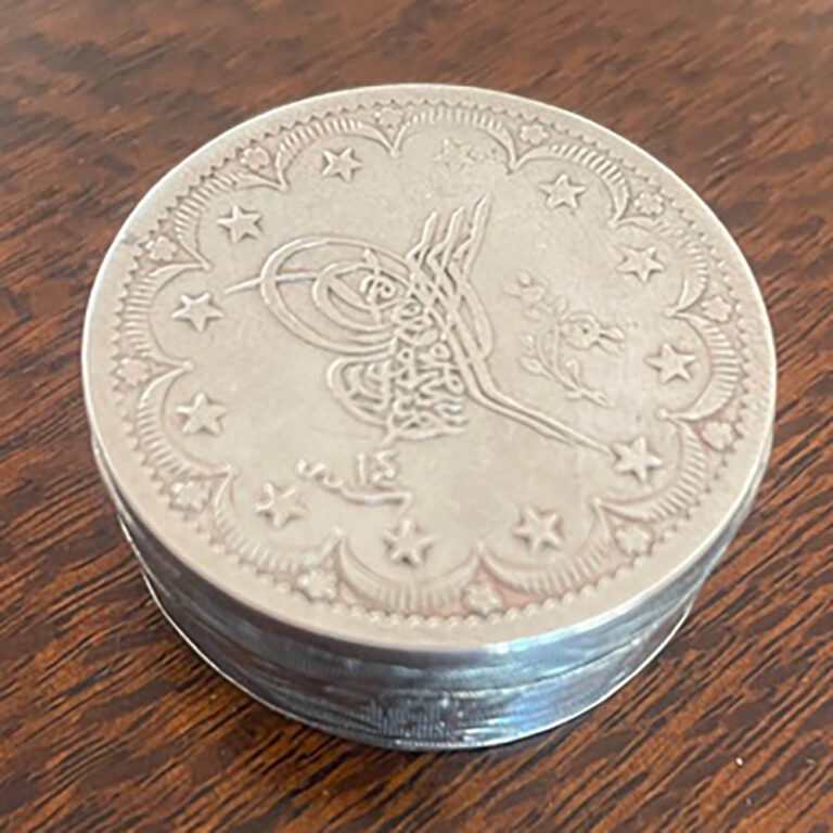 Middle Eastern silver coin mounted pill box