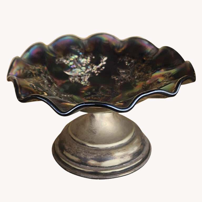 Beautiful amethyst carnival glass bowl on brass stand