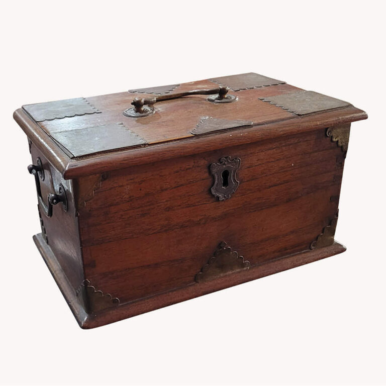A metal mounted antique cedar and brass jewellery box