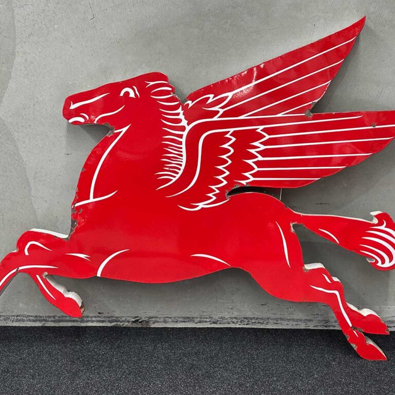 Original Enamel Mobil Pegasus “Cookie Cutter” Sign – Iconic red Pegasus shape on this iconic Mobil sign.