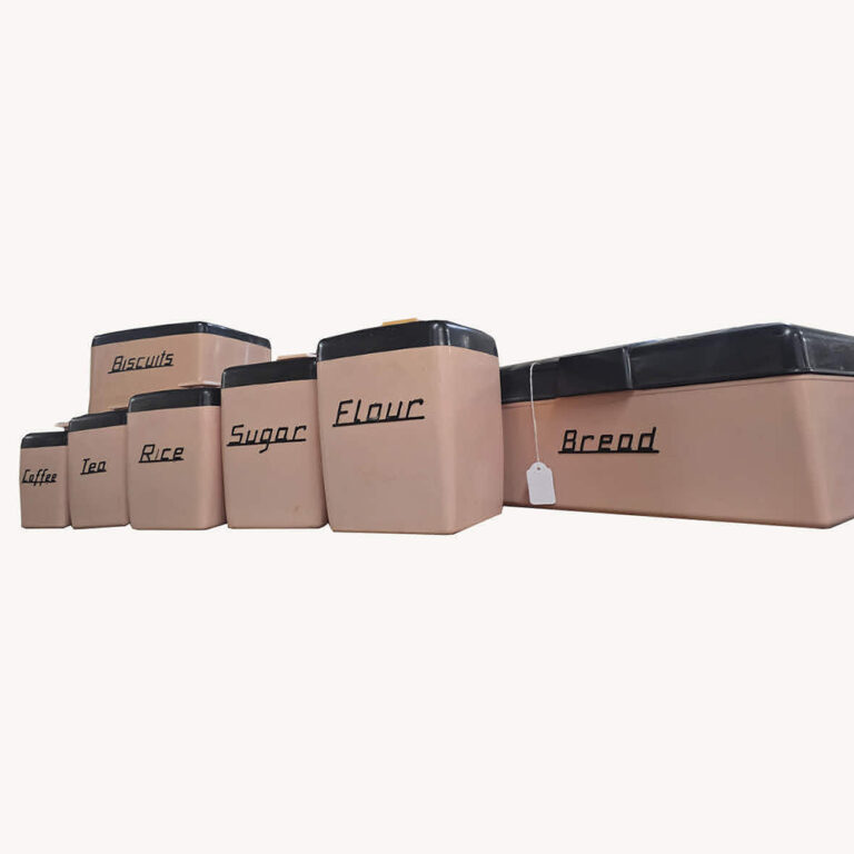 Set of 9 retro pink and black canisters with lids.