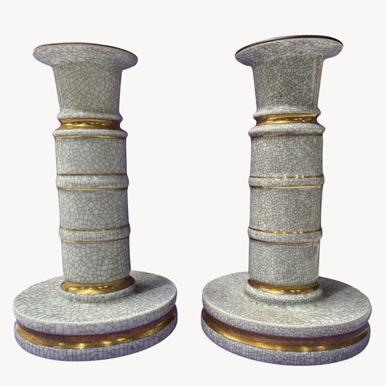A pair of rare and impressive Royal Copenhagen crackle glaze candlesticks with gilded banding