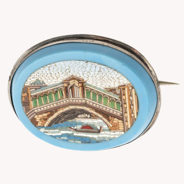 Victorian Grand Tour micromosaic brooch with an unmarked silver mount, depicting the Rialto Bridge.