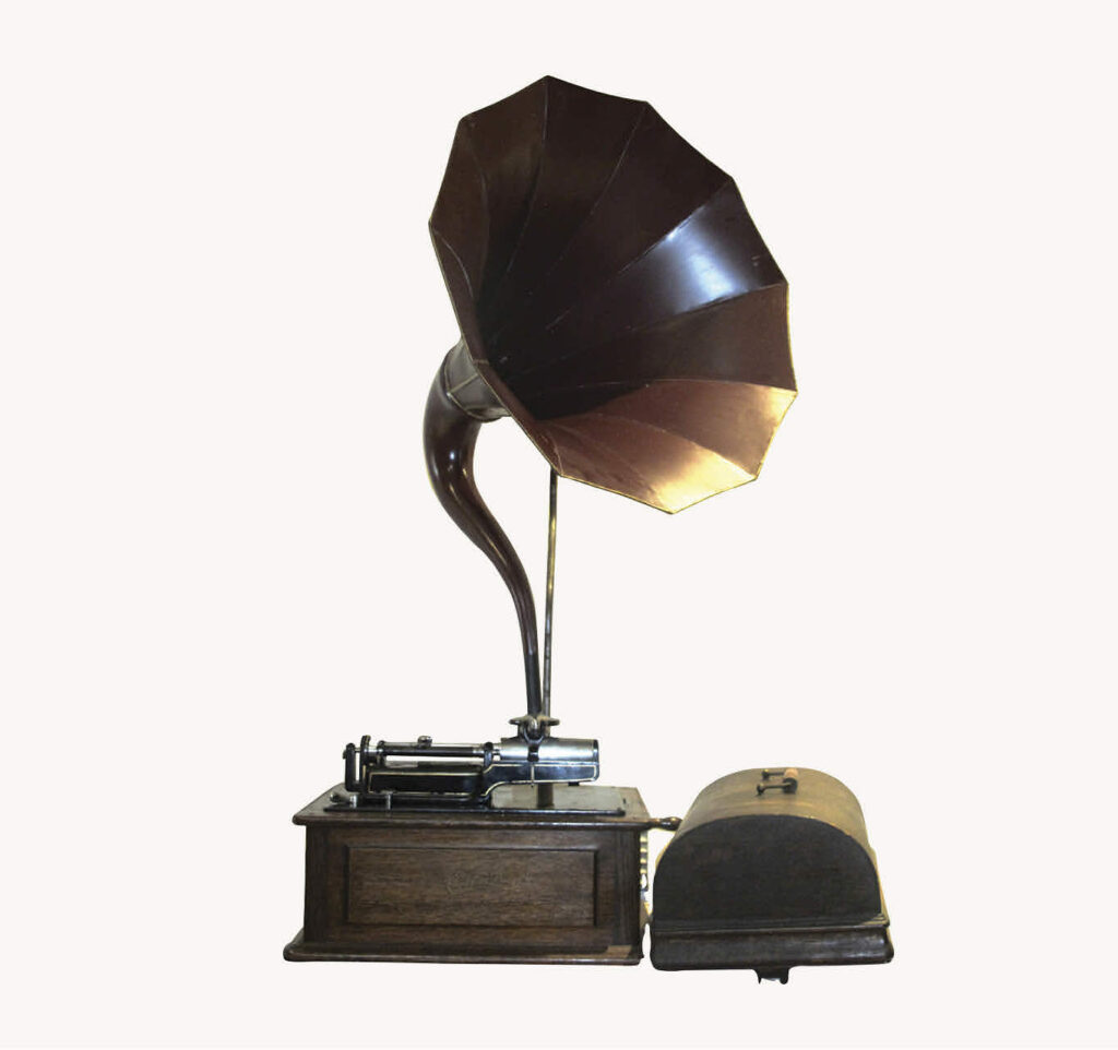 Edison Triumph phonograph with red cygnet horn, support crane and case lid and 8 cylinder records