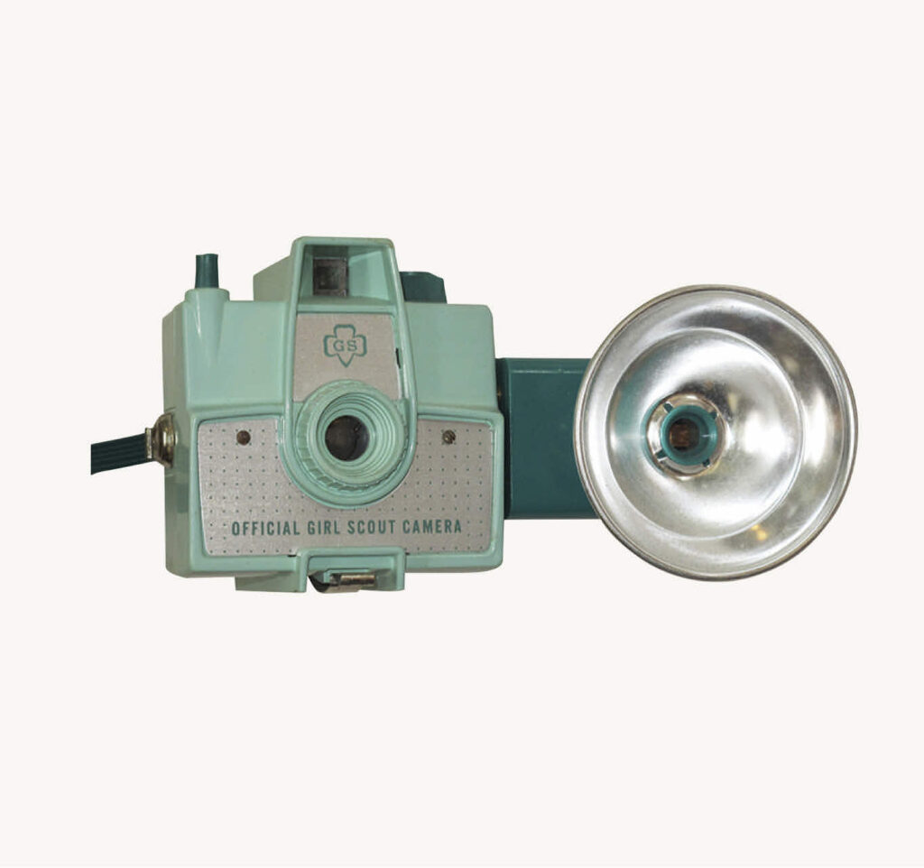 G.S. official Girl Scout camera (green Bakelite) with flash gun.
