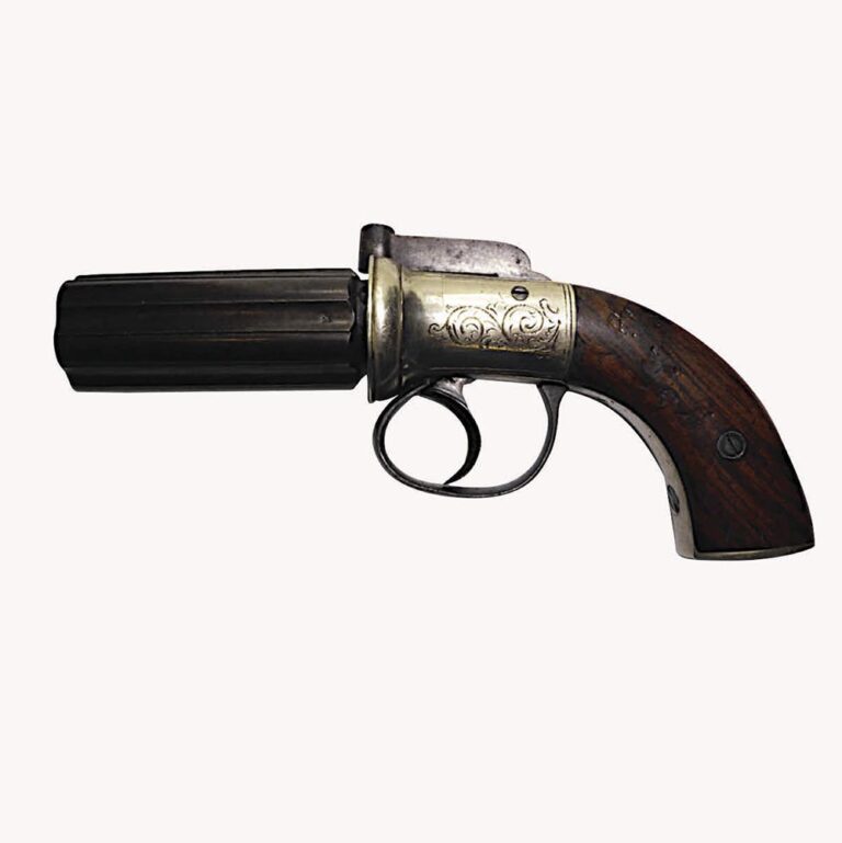 Antique English pepperbox pistol with German Silver engraved frame.