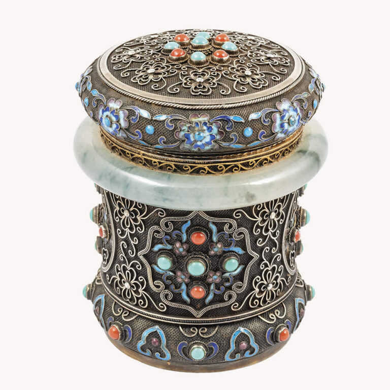 Antique Chinese export silver, enamel and jadeite tea caddy, accented with turquoise and coral cabochons.