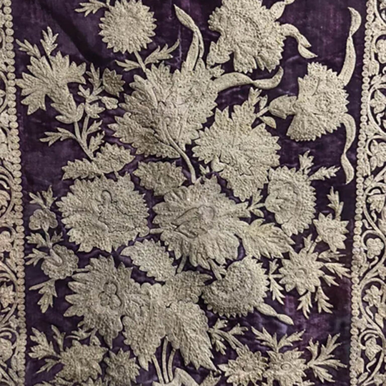 A framed panel of 18th century Ottoman silk velvet with incredible embroidery.