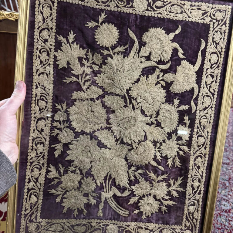 A framed panel of 18th century Ottoman silk velvet with incredible embroidery.
