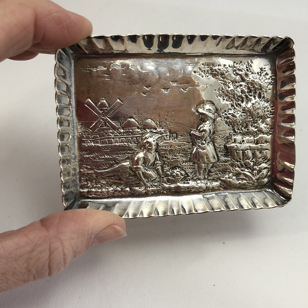 sterling silver small card or pin tray, beautifully decorated with a picnic scene, hallmarked