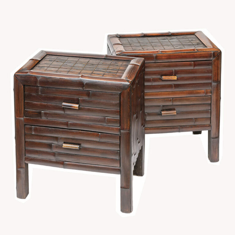Pair mid century split bamboo bedside cabinets