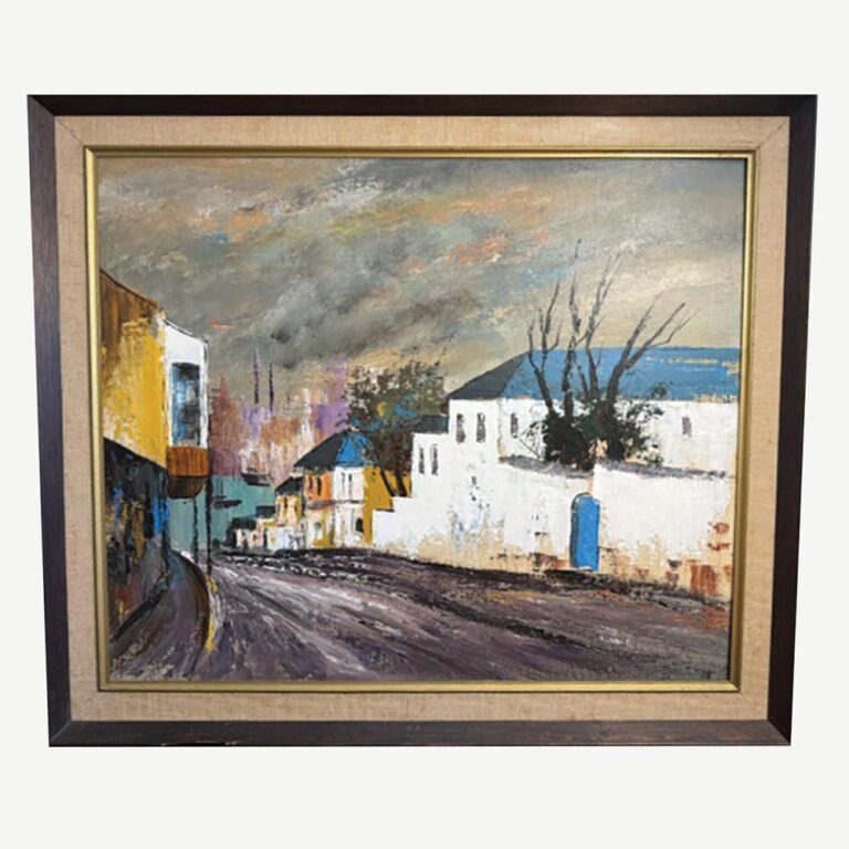 An interesting mid century streetscape oil painting from the 1960s.