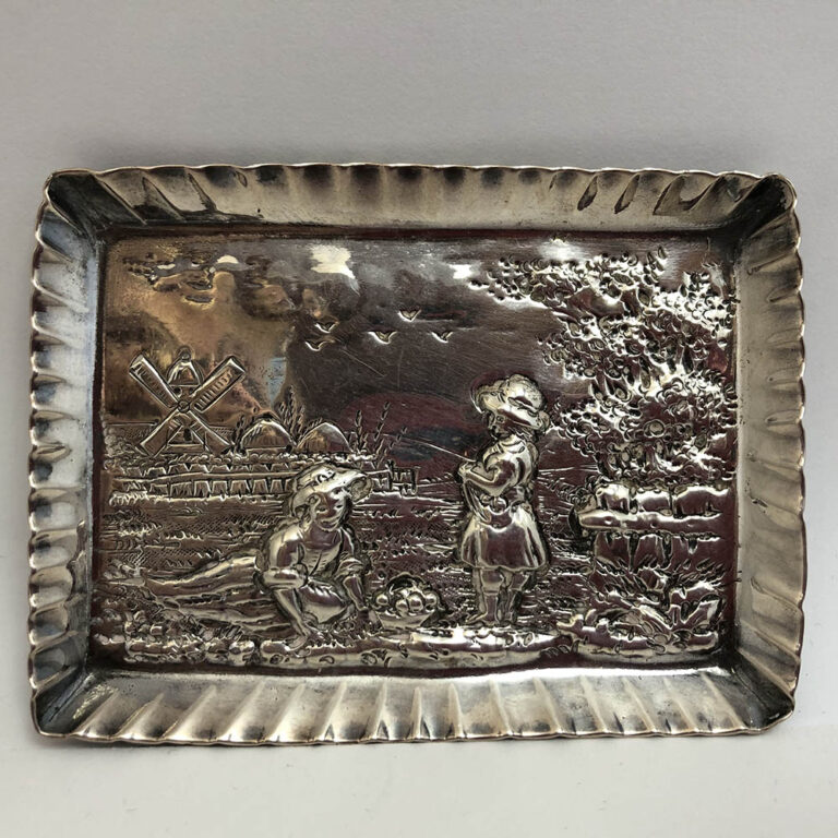 sterling silver small card or pin tray, beautifully decorated with a picnic scene, hallmarked