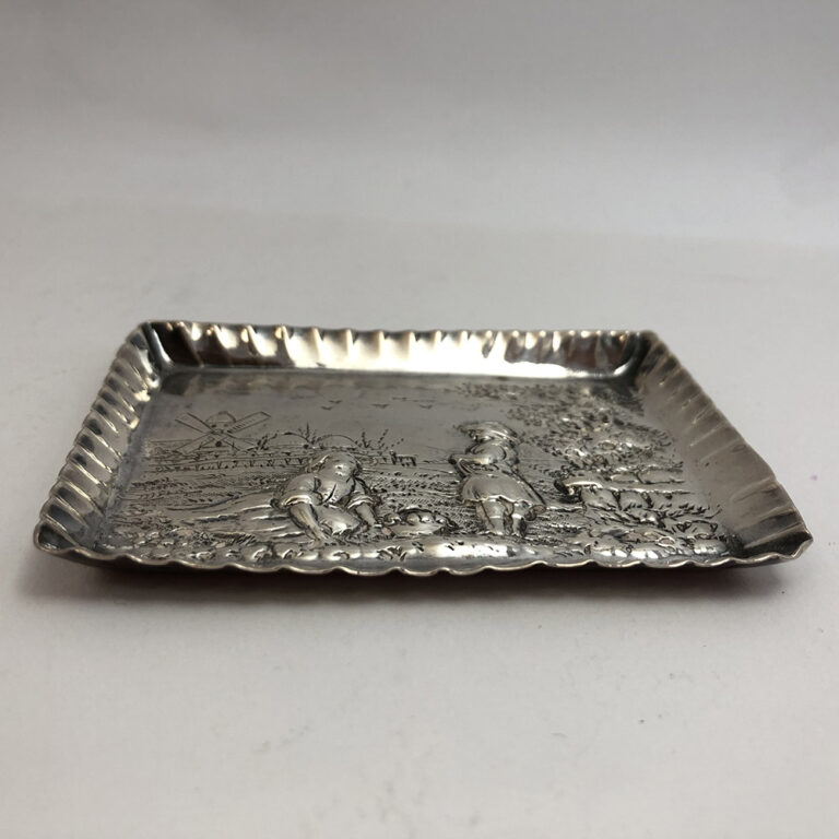 sterling silver small card or pin tray, beautifully decorated with a picnic scene, hallmarked