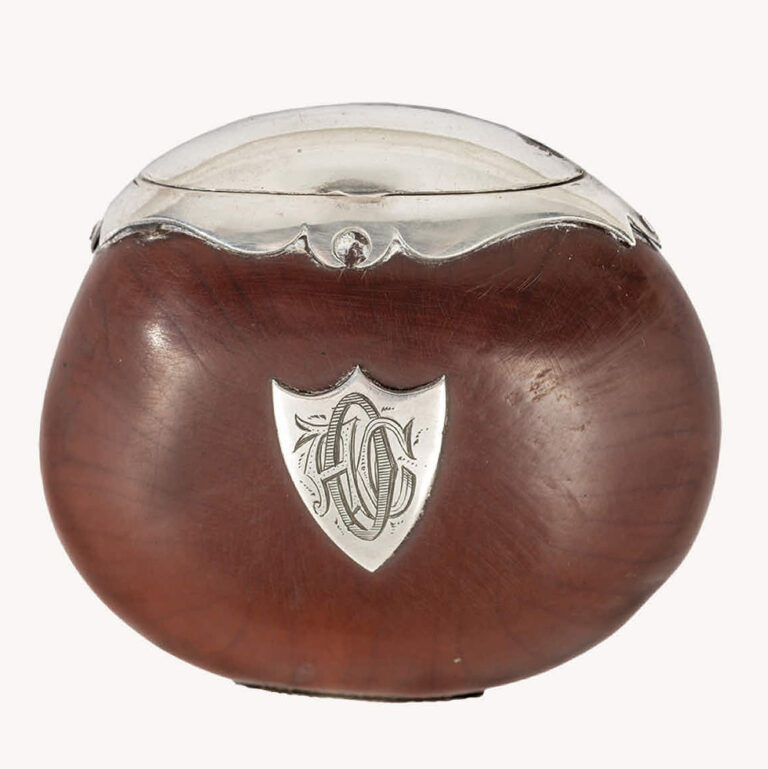 Antique Australian colonial period Burra nut vesta case with sterling silver mounts.