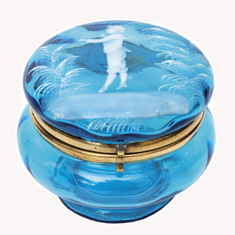 Mary Gregory blue glass trinket bowl
