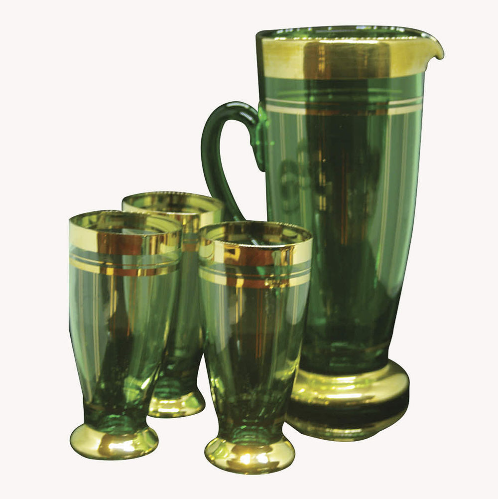Retro green glass drinks set, jug and 6 glasses