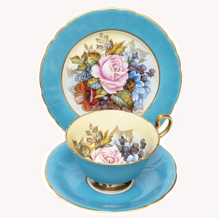 An Aynsley trio, English china cup, saucer and plate set in the ‘Cabbage Rose’ pattern, signed J A Bailey