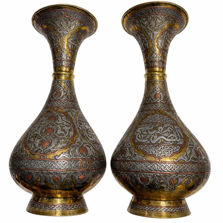 Antique bronze vases Middle Eastern with silver inlay at Summerland Antiques