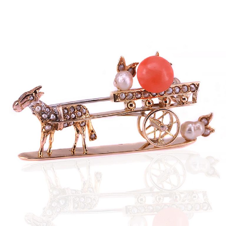 Antique gold and seed pearl brooch, donkey and cart