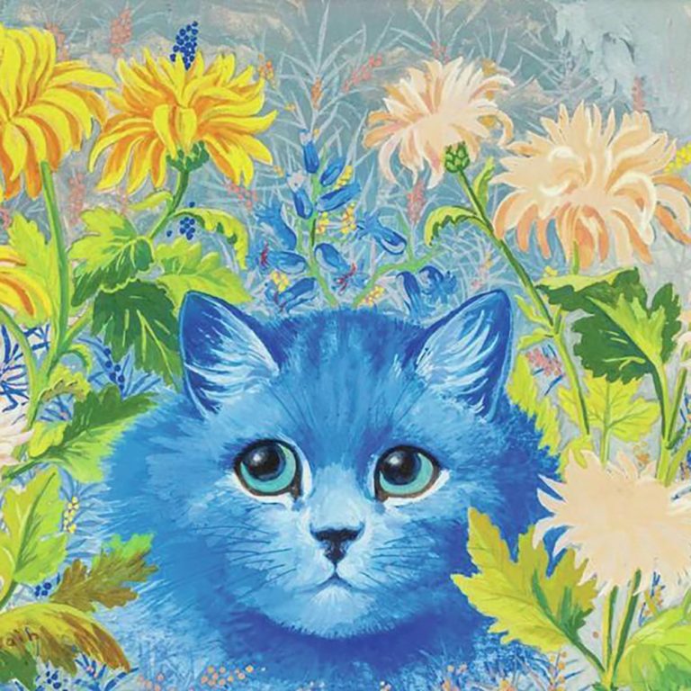 Louis Wain painting Blue Cat Among Flowers