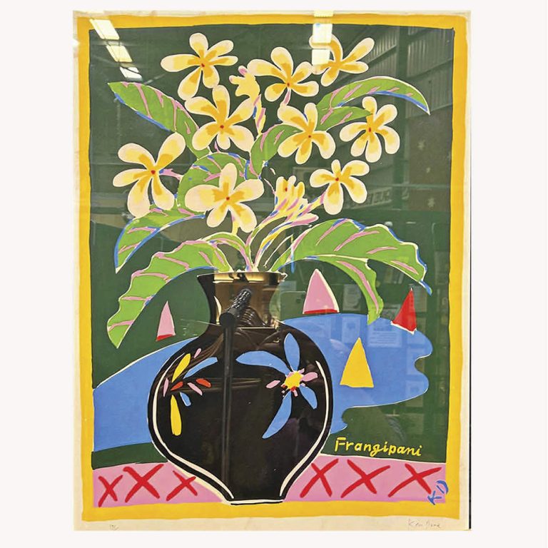 Signed and numbered Ken Done screen print, Frangipani c.1980s