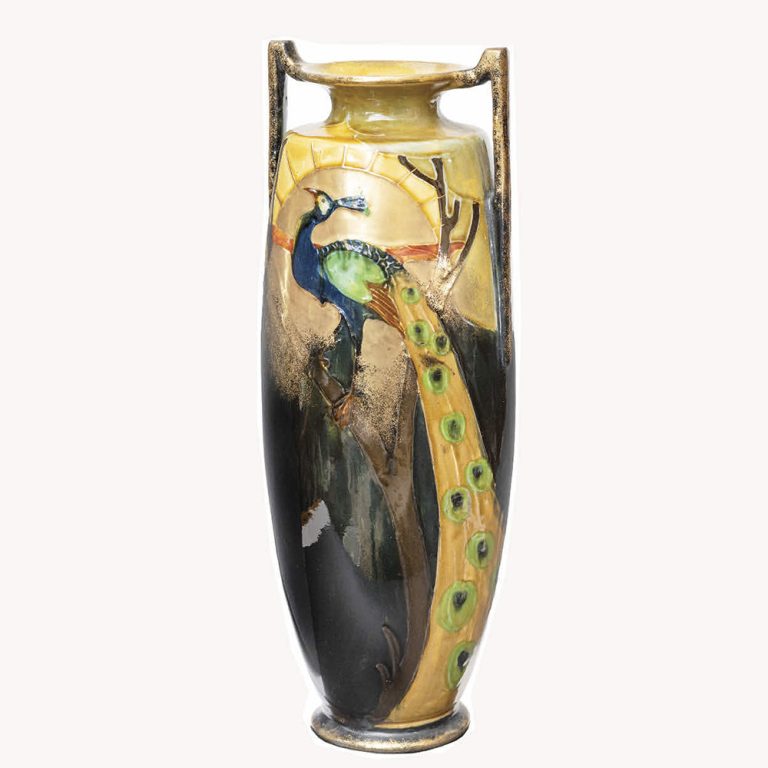 A Thomas Forester, tall 'Trogon Peacock' vase with tubelined decoration of a peacock and a rising sun on black ground with gilt highlights