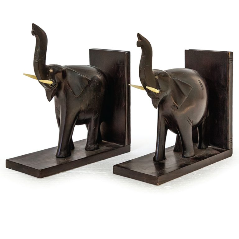 A pair of wooden elephant bookends