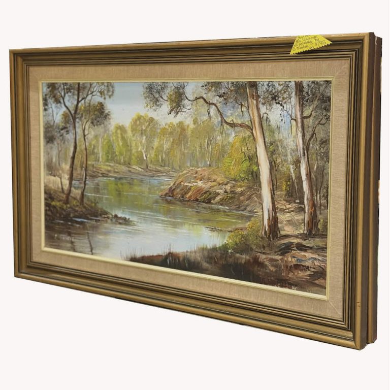 1980s Australian landscape oil painting by E. Beattie.