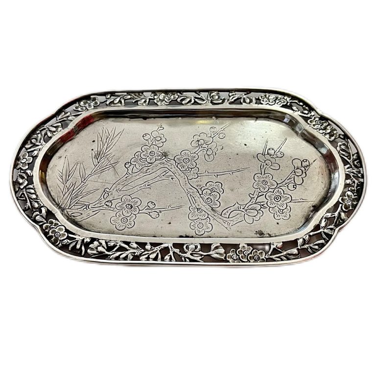 Chinese export silver trinket dish with pierced and engraved design of plum blossoms