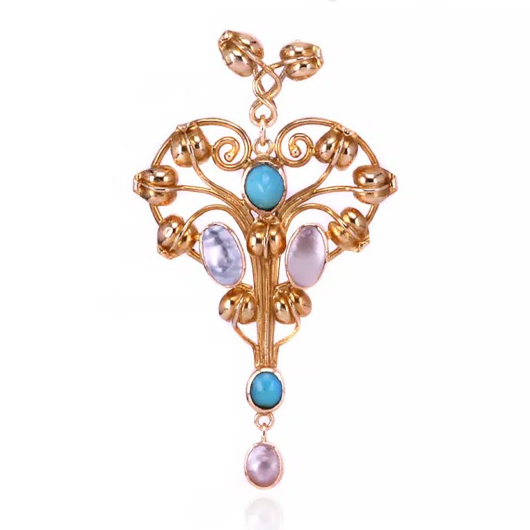 Art Nouveau pendant Set with natural turquoise and mother of pearl