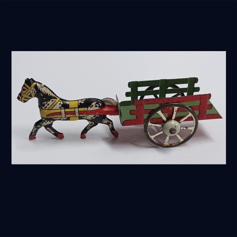 Vintage tin penny toy horse and cart