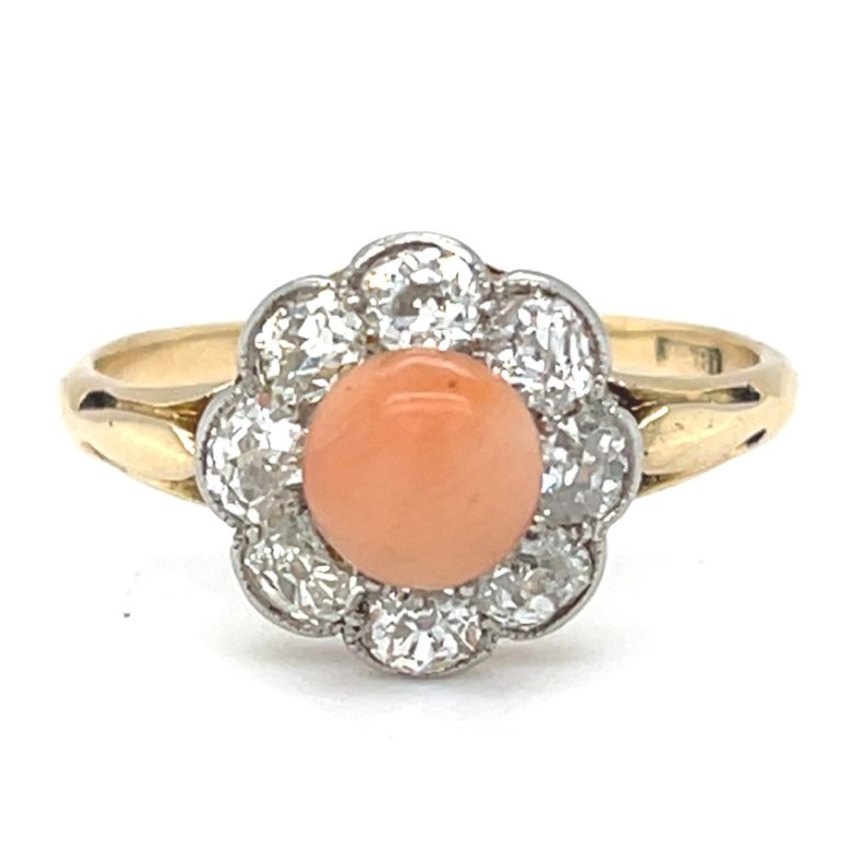 Edwardian ring, cluster style in 18ct gold, coral and diamonds