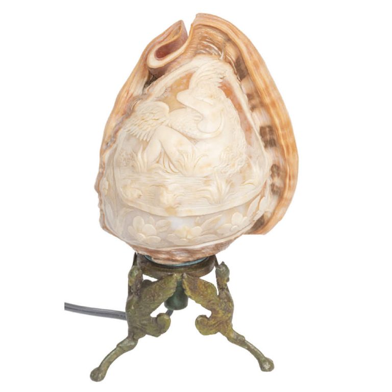 Conch shell table lamp c.1890 with carved cameo