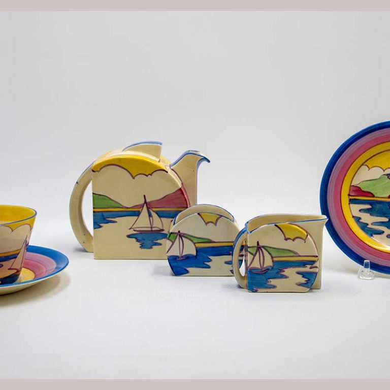 Clarice Cliff, ‘Gibraltar’ tea set, 1931, hand-painted earthenware. David Roche Gallery Exhibition