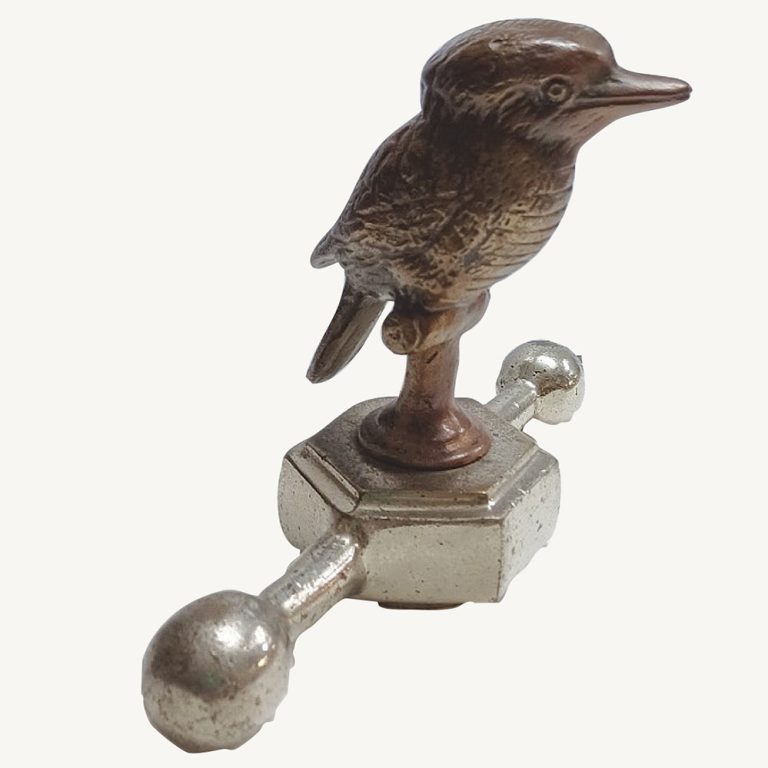 kookaburra radiator cap mascot, 12cm high x 17cm wide.