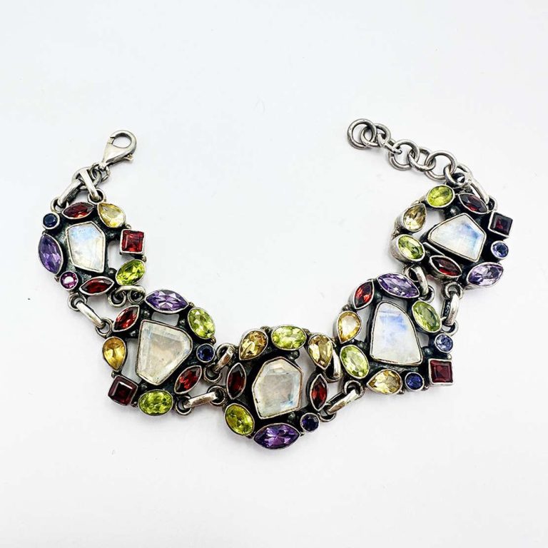 Vintage sterling silver bracelet set with moonstone, citrine, garnet, amethyst and Iolite
