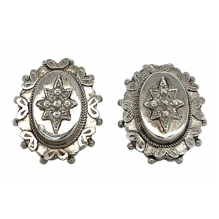 Victorian oval silver engraved stud earrings