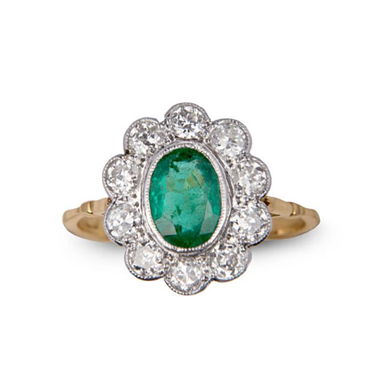 18ct gold emerald and diamond cluster ring