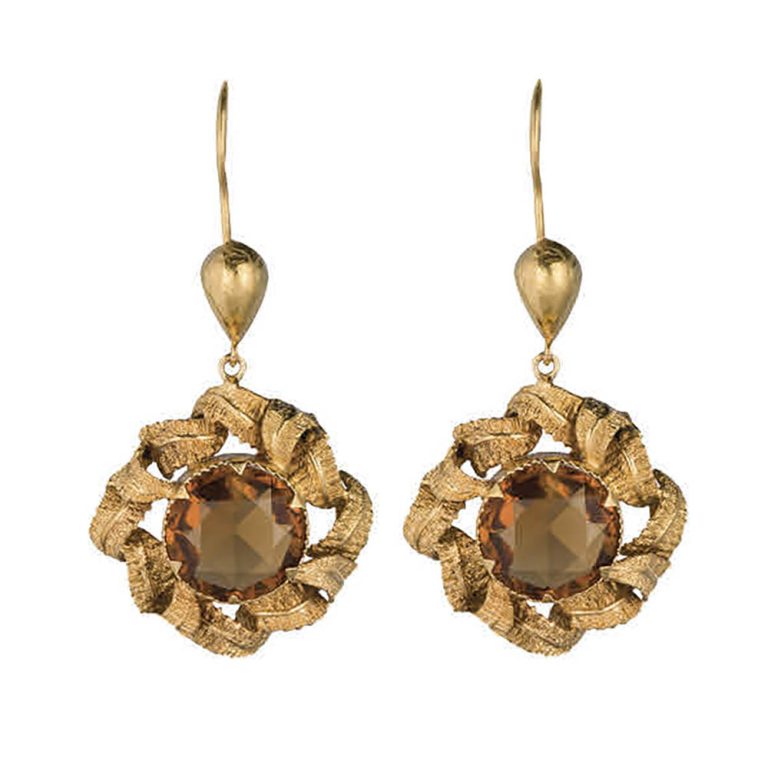 Pair Victorian 15ct yellow gold large round citrine earrings