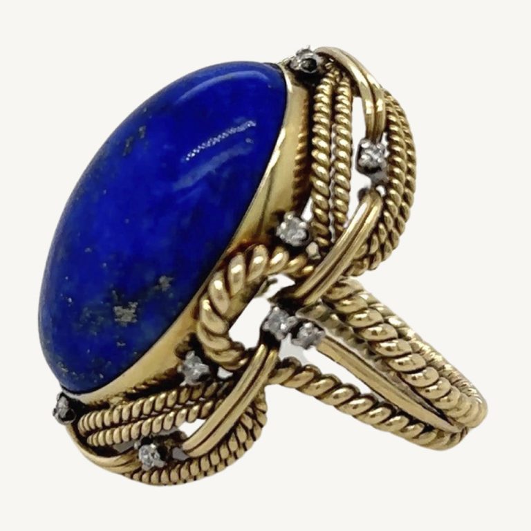 Antique 14ct yellow gold lapis lazuli and diamond ring