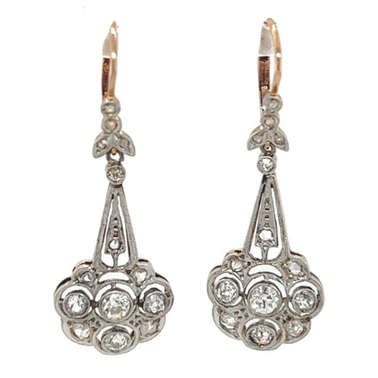 Art Deco 18ct rose and white gold diamond drop earrings