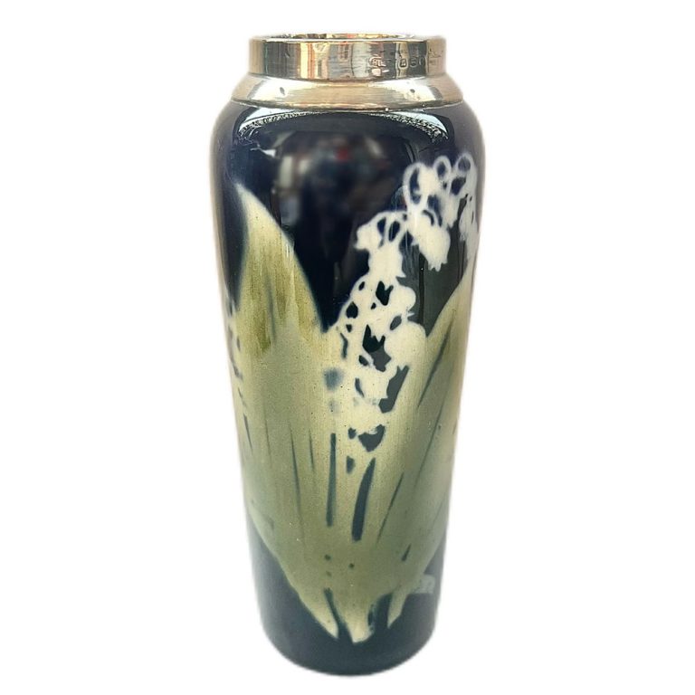 English Art Nouveau lily of the valley vase with sterling silver rim