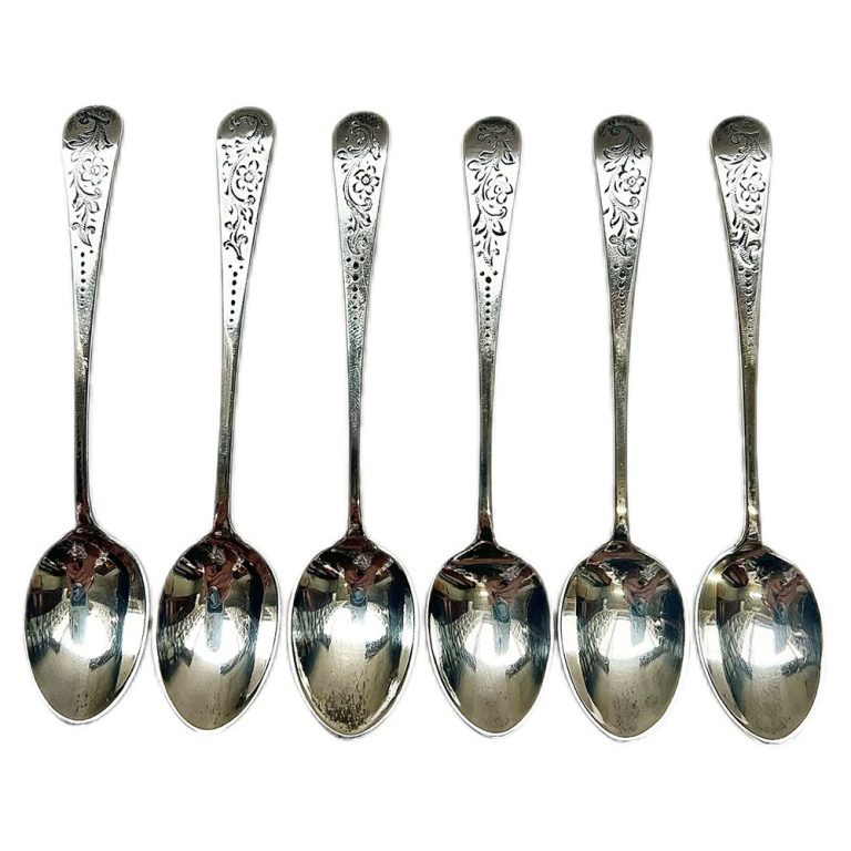 Set of 6 Scottish sterling silver coffee spoons engraved with flowers to the stems