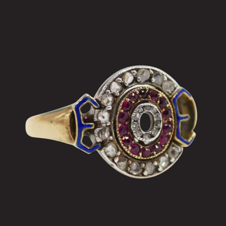 Edwardian 14ct gold with silver, diamond, ruby and enamel ring with the word ‘Cooee’ engraved inside the band