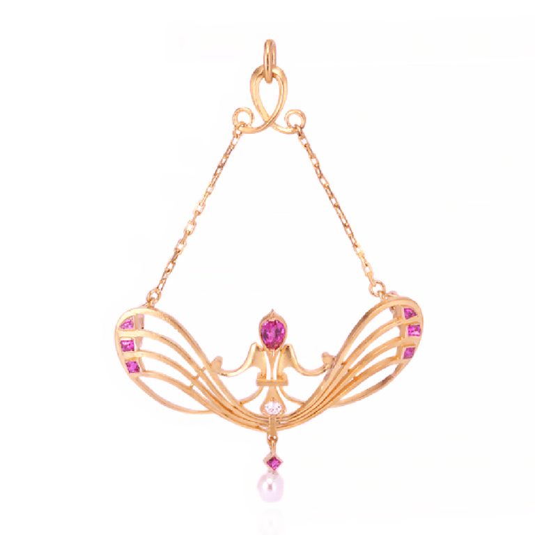 Art Nouveau ruby, diamond and pearl pendant brooch c.1895