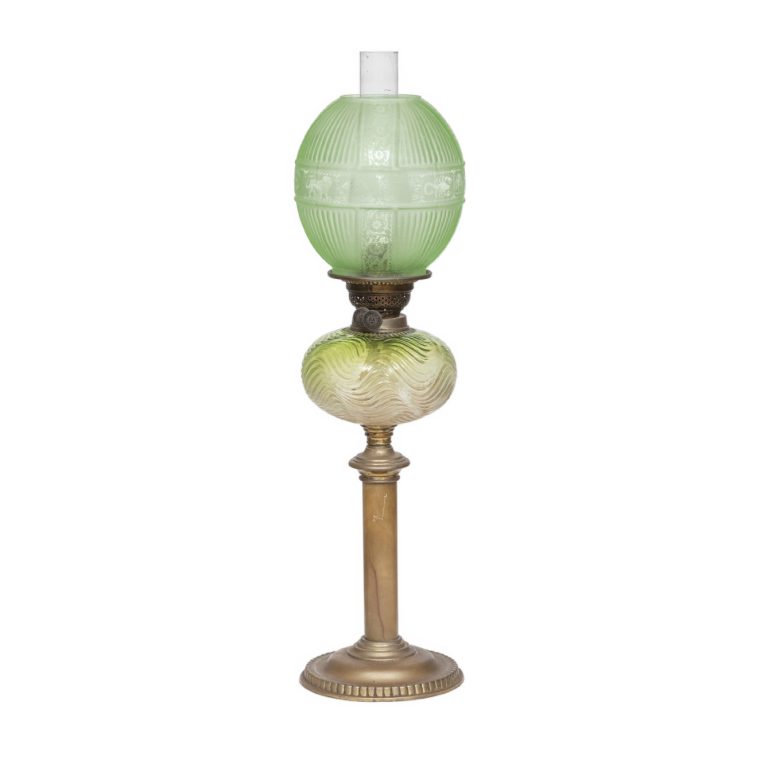 English glass lamp on brass column and base, green patterned font and green horoscope patterned shade
